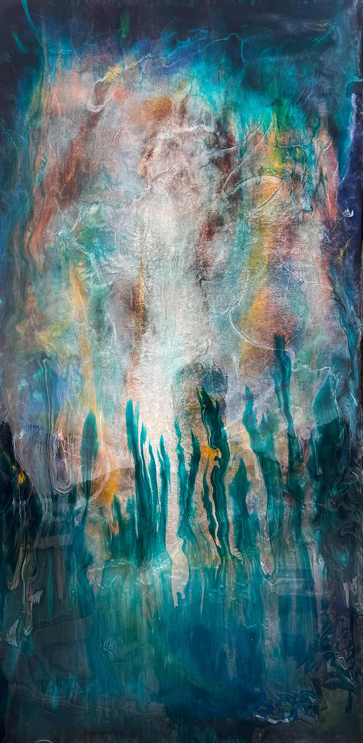 Tall panel: a pale luminous column rises through mottled rose, ochre and grey-green, with dark teal drips falling in ranks across the lower third.